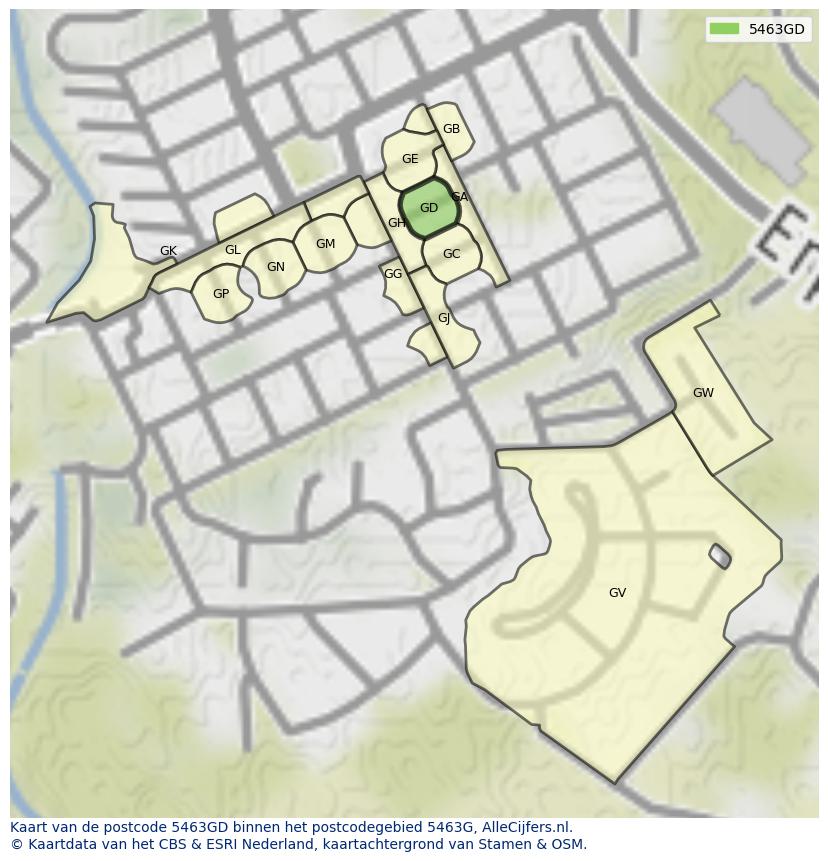 Afbeelding van het postcodegebied 5463 GD op de kaart.