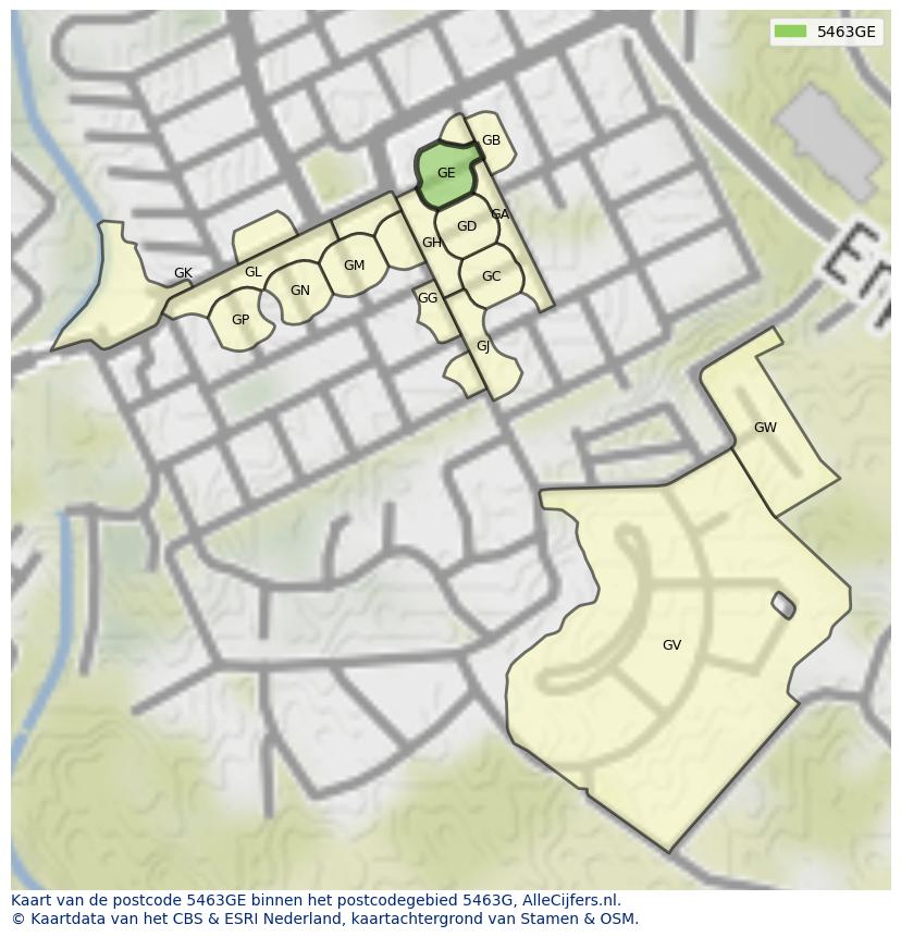 Afbeelding van het postcodegebied 5463 GE op de kaart.