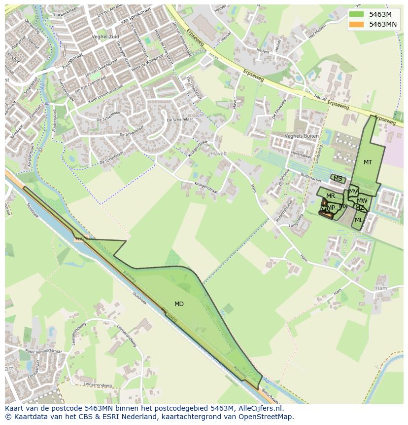Afbeelding van het postcodegebied 5463 MN op de kaart.