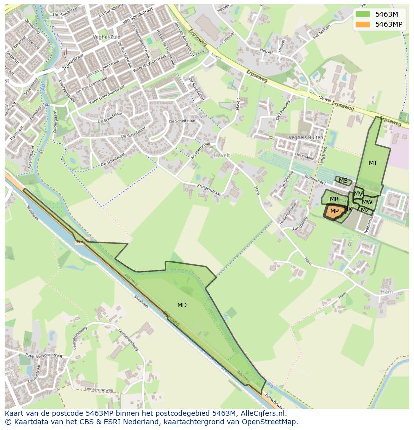 Afbeelding van het postcodegebied 5463 MP op de kaart.