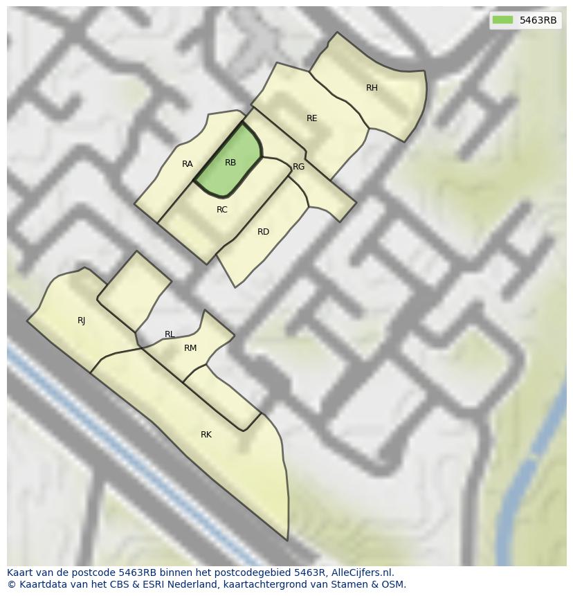 Afbeelding van het postcodegebied 5463 RB op de kaart.