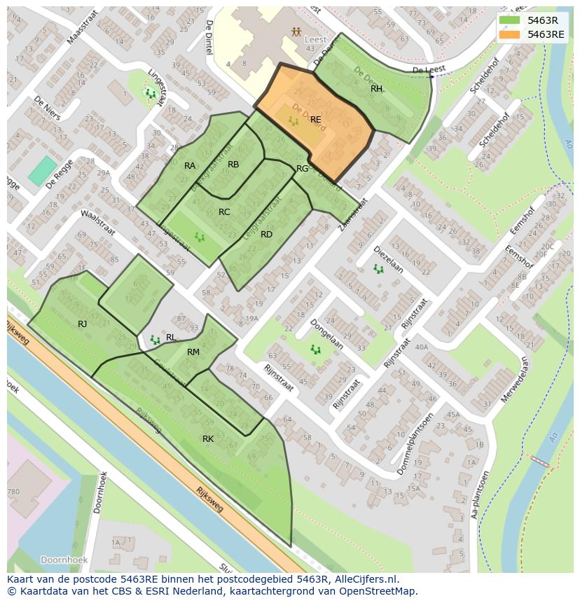 Afbeelding van het postcodegebied 5463 RE op de kaart.