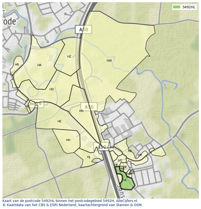 Afbeelding van het postcodegebied 5492 HL op de kaart.