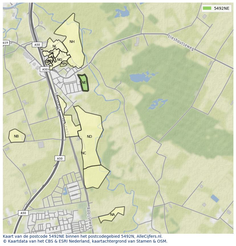 Afbeelding van het postcodegebied 5492 NE op de kaart.