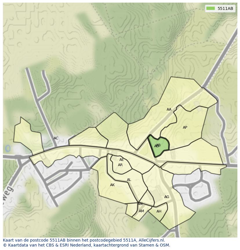 Afbeelding van het postcodegebied 5511 AB op de kaart.