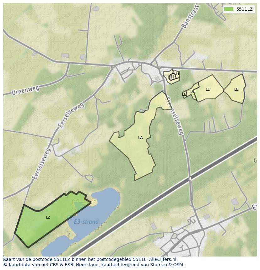 Afbeelding van het postcodegebied 5511 LZ op de kaart.