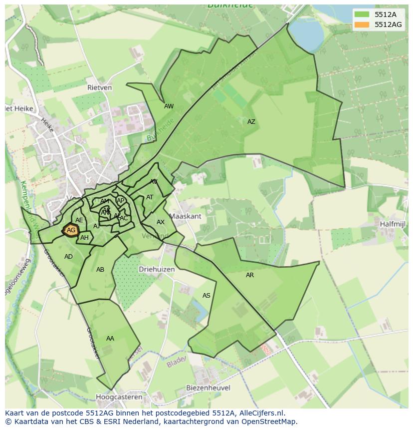 Afbeelding van het postcodegebied 5512 AG op de kaart.