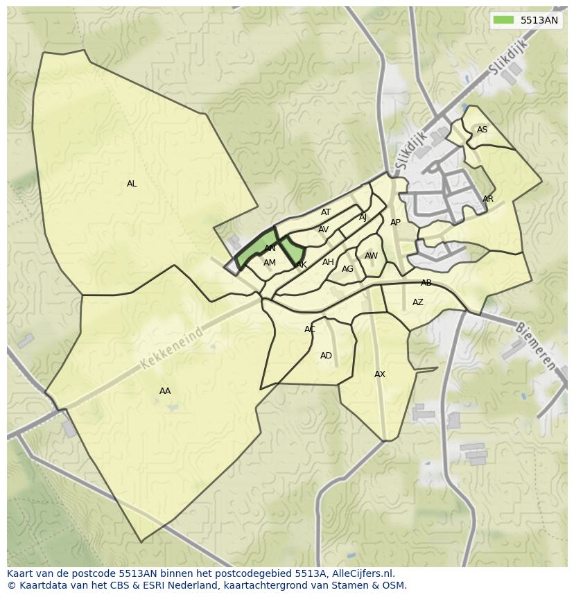 Afbeelding van het postcodegebied 5513 AN op de kaart.
