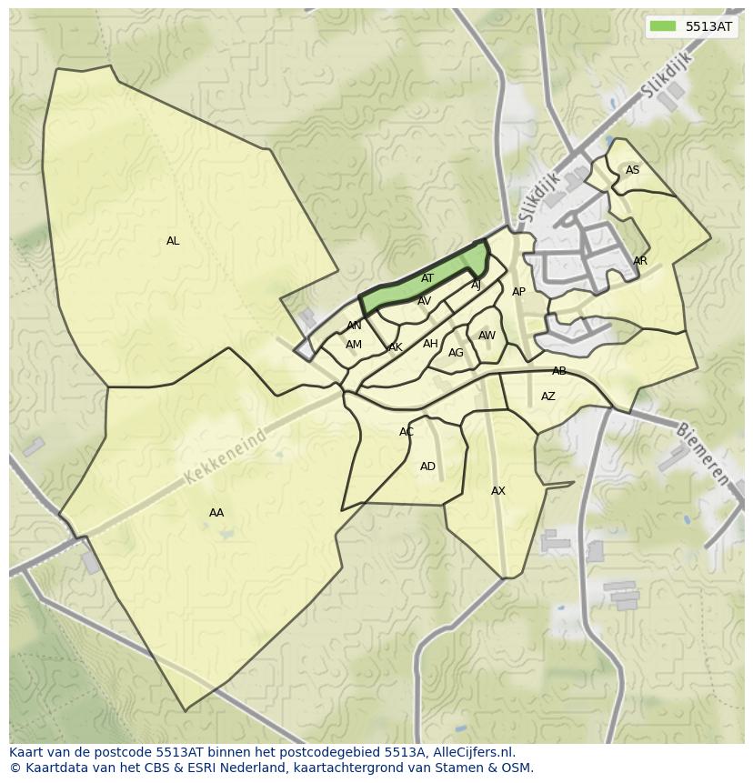 Afbeelding van het postcodegebied 5513 AT op de kaart.