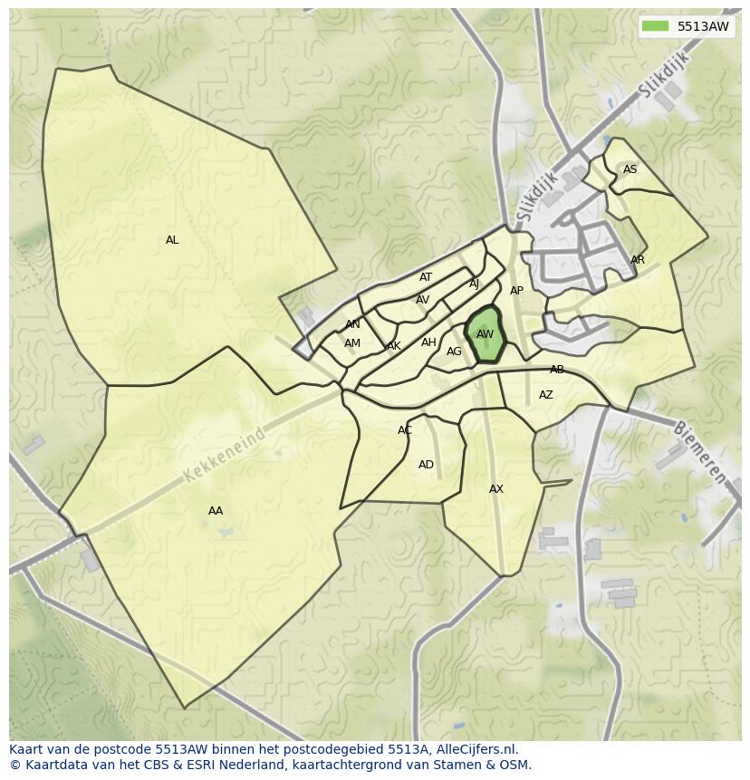 Afbeelding van het postcodegebied 5513 AW op de kaart.