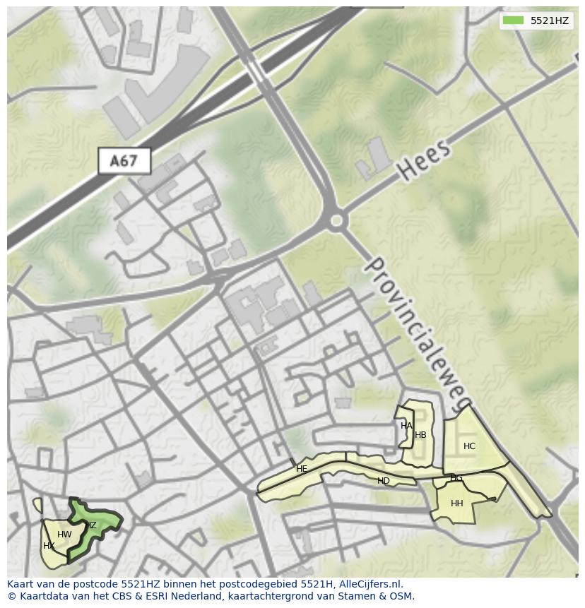 Afbeelding van het postcodegebied 5521 HZ op de kaart.