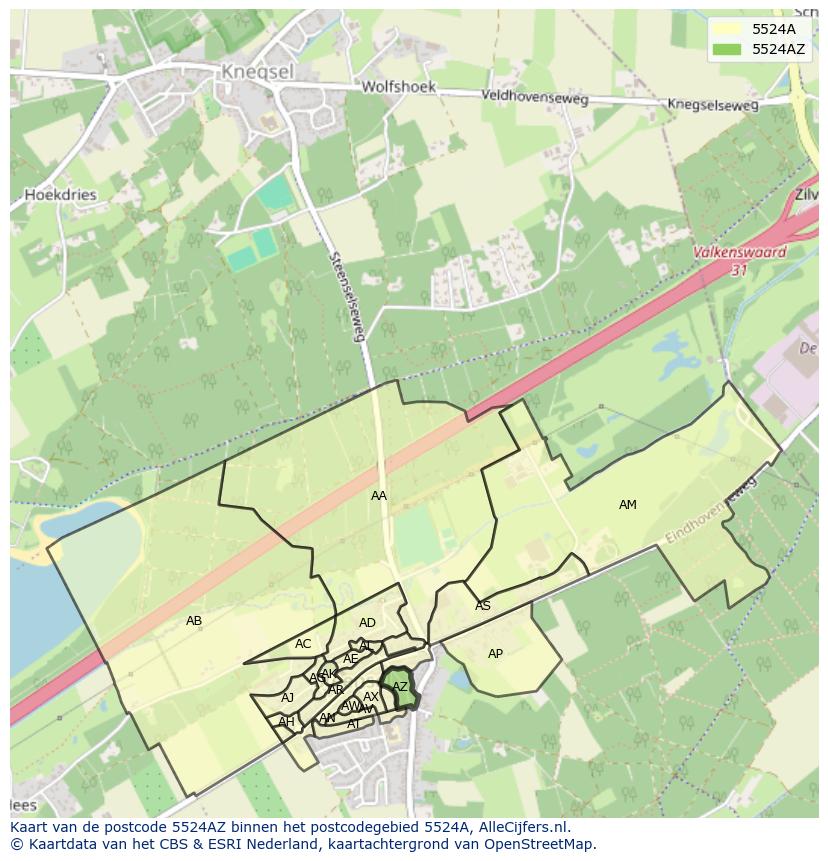 Afbeelding van het postcodegebied 5524 AZ op de kaart.