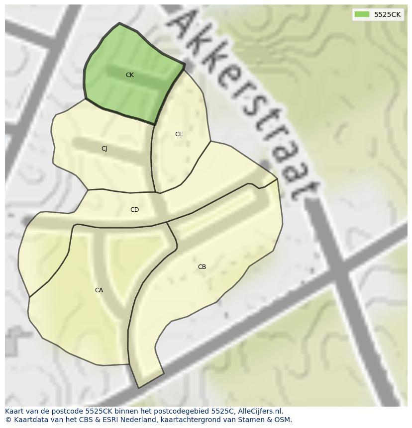 Afbeelding van het postcodegebied 5525 CK op de kaart.