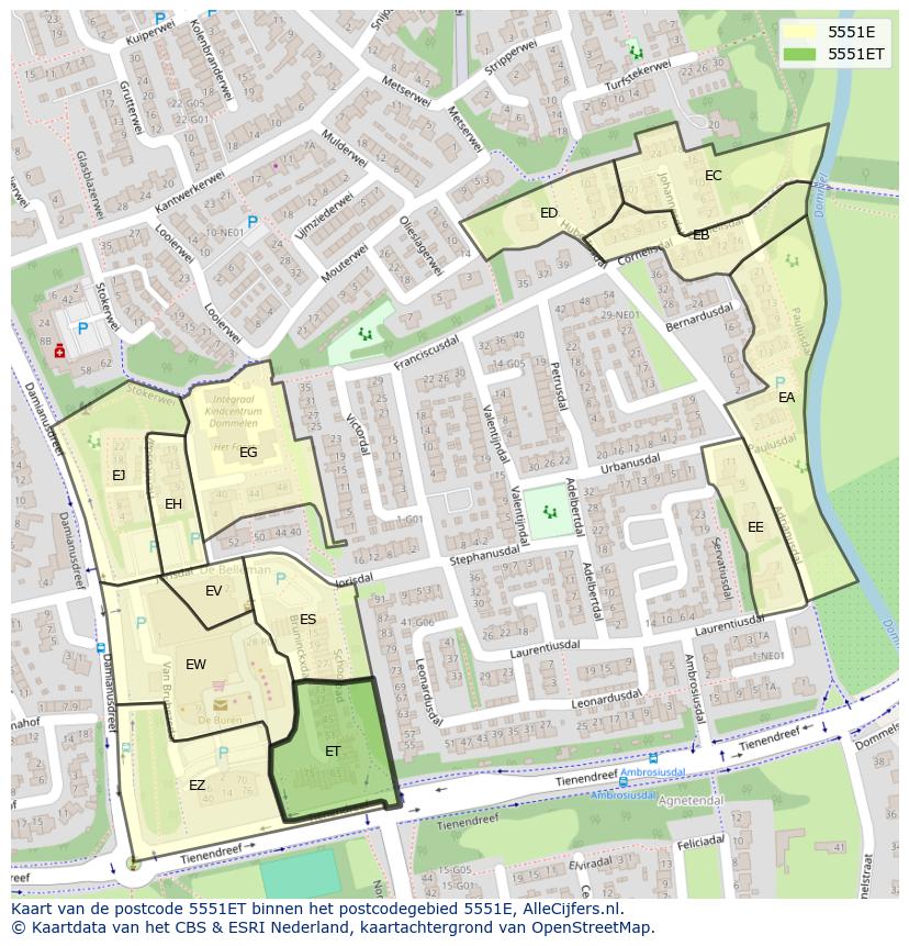 Afbeelding van het postcodegebied 5551 ET op de kaart.