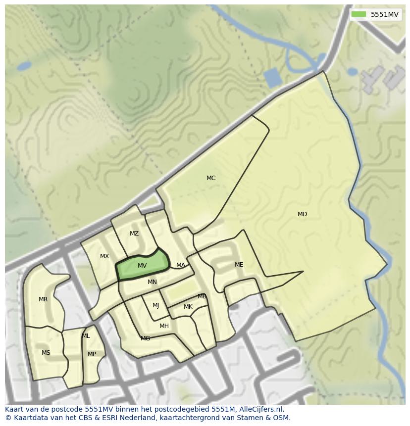Afbeelding van het postcodegebied 5551 MV op de kaart.