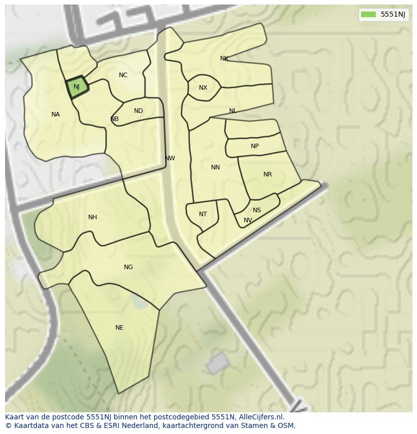 Afbeelding van het postcodegebied 5551 NJ op de kaart.