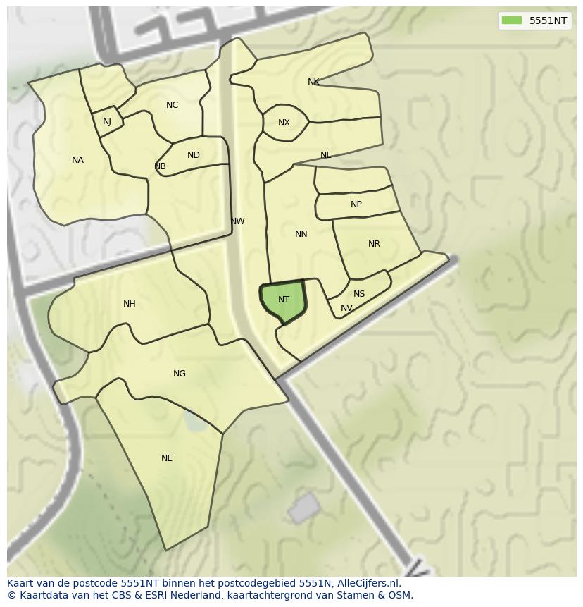 Afbeelding van het postcodegebied 5551 NT op de kaart.