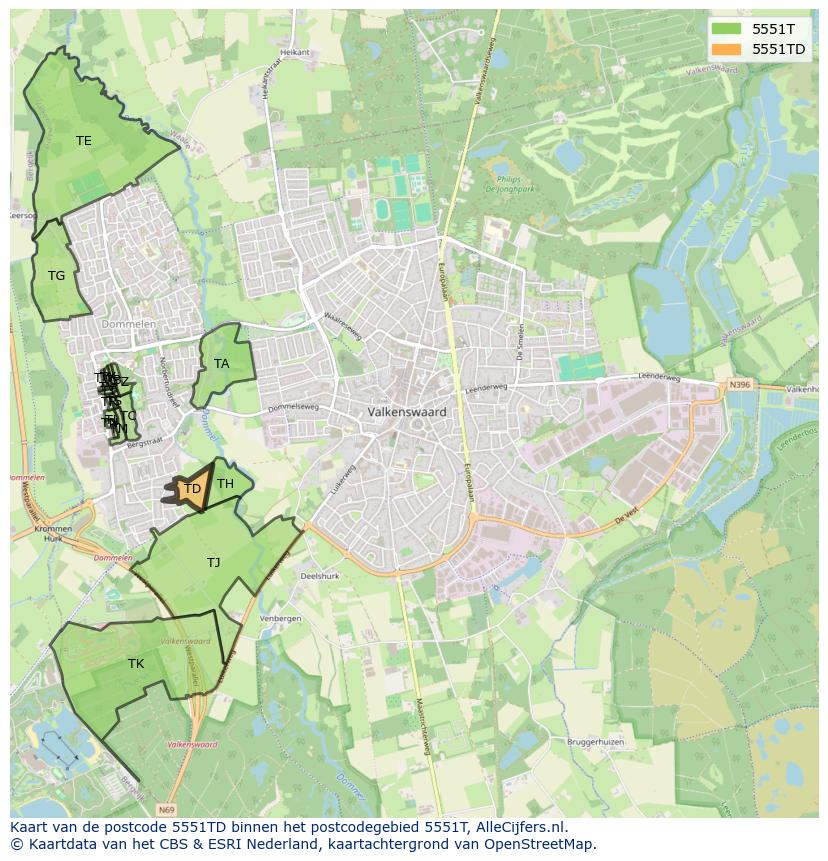 Afbeelding van het postcodegebied 5551 TD op de kaart.