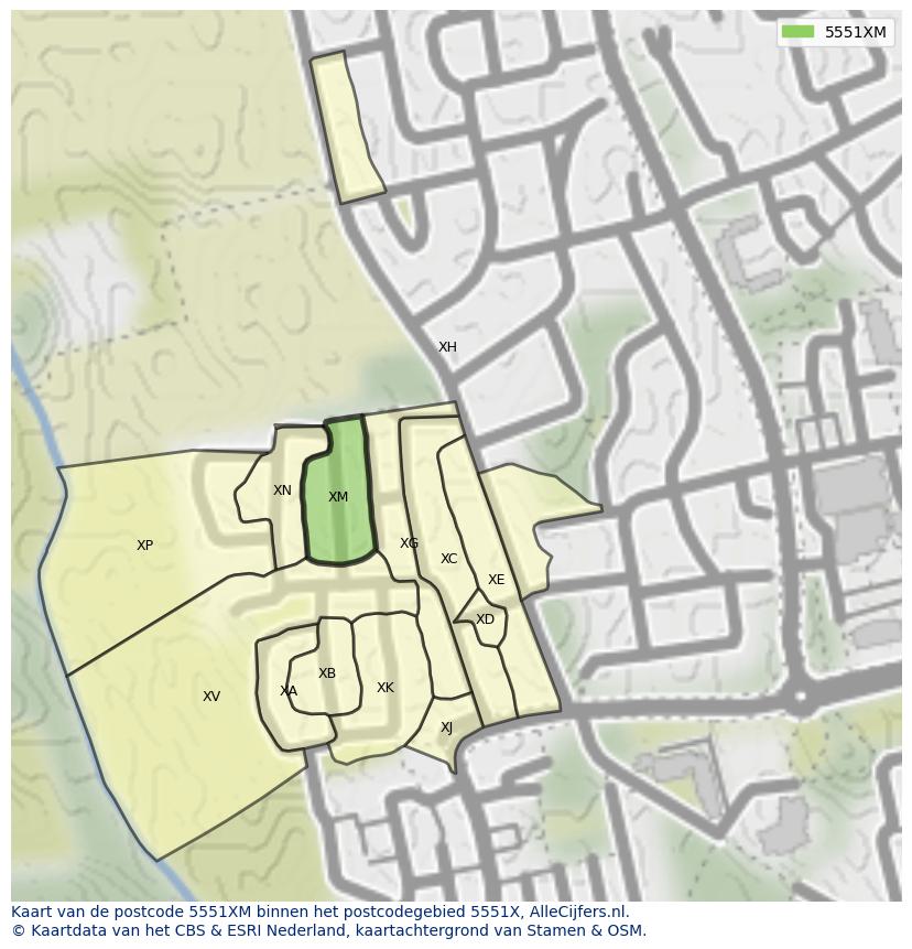 Afbeelding van het postcodegebied 5551 XM op de kaart.