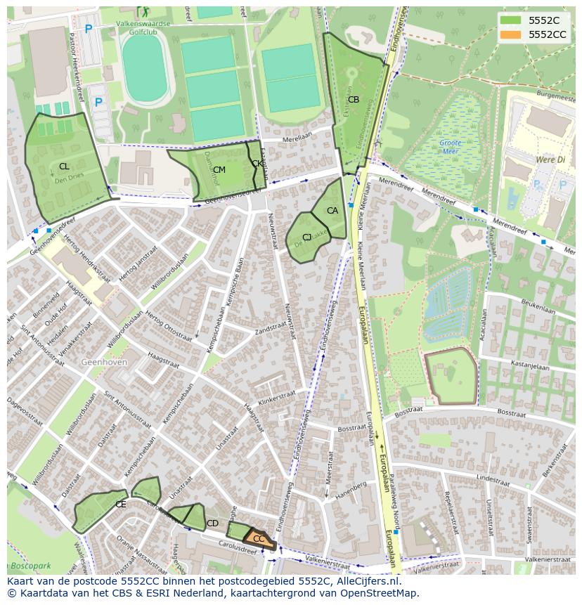 Afbeelding van het postcodegebied 5552 CC op de kaart.