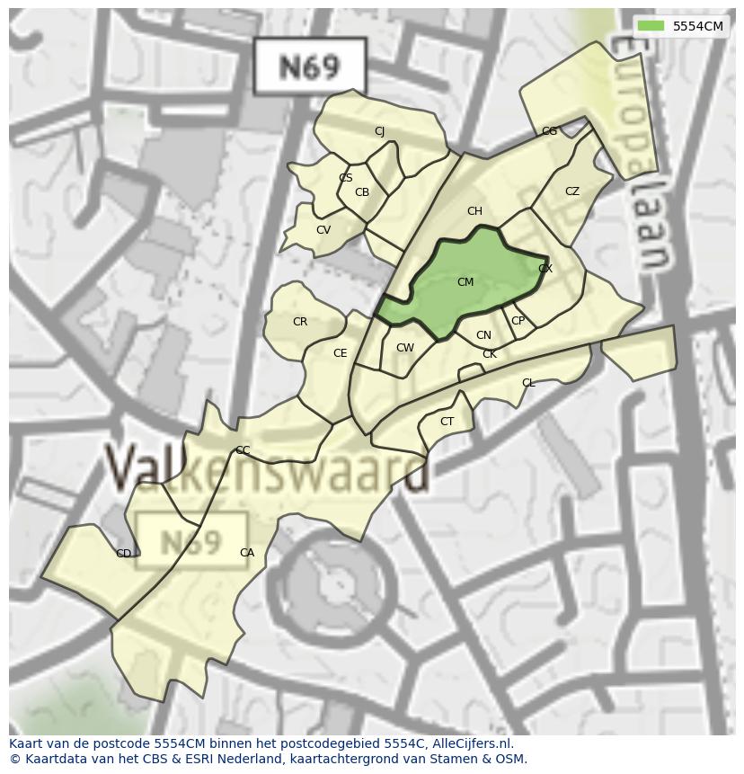 Afbeelding van het postcodegebied 5554 CM op de kaart.