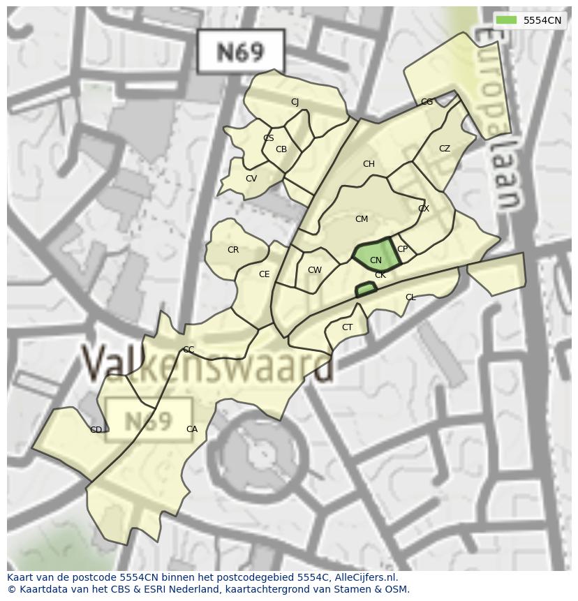 Afbeelding van het postcodegebied 5554 CN op de kaart.