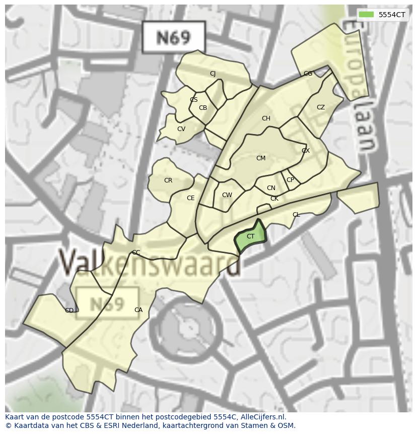 Afbeelding van het postcodegebied 5554 CT op de kaart.