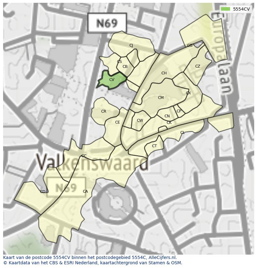 Afbeelding van het postcodegebied 5554 CV op de kaart.