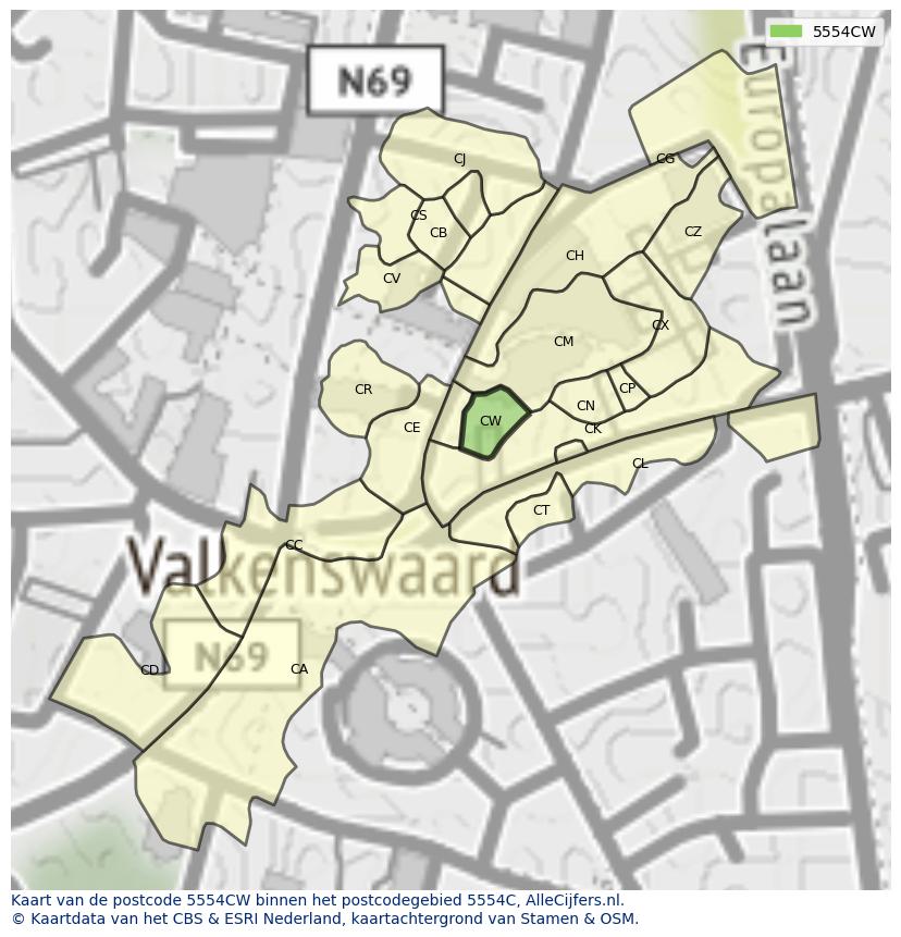 Afbeelding van het postcodegebied 5554 CW op de kaart.