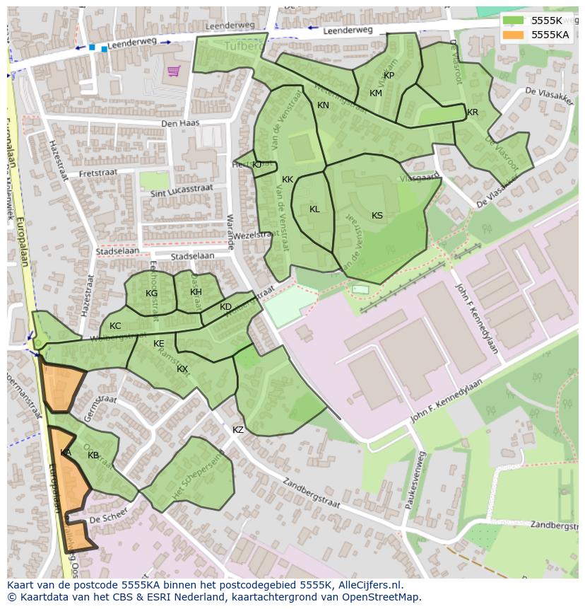 Afbeelding van het postcodegebied 5555 KA op de kaart.