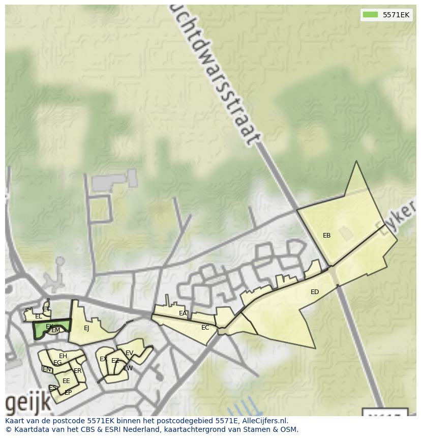 Afbeelding van het postcodegebied 5571 EK op de kaart.