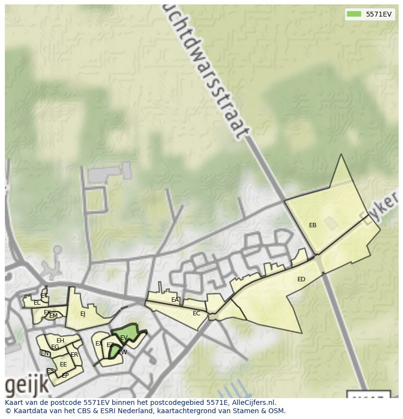 Afbeelding van het postcodegebied 5571 EV op de kaart.