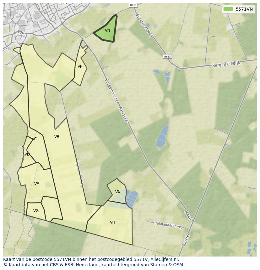 Afbeelding van het postcodegebied 5571 VN op de kaart.
