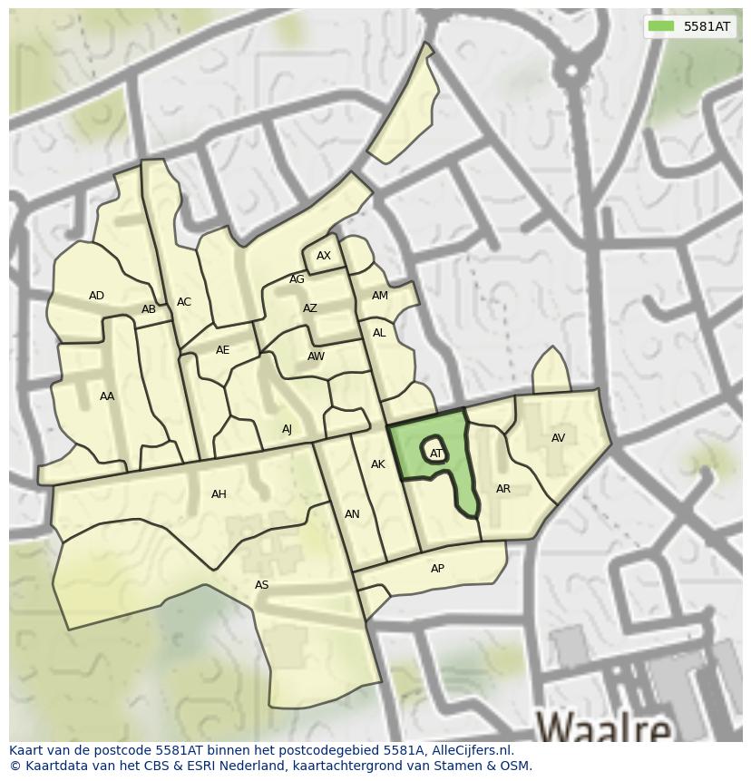 Afbeelding van het postcodegebied 5581 AT op de kaart.