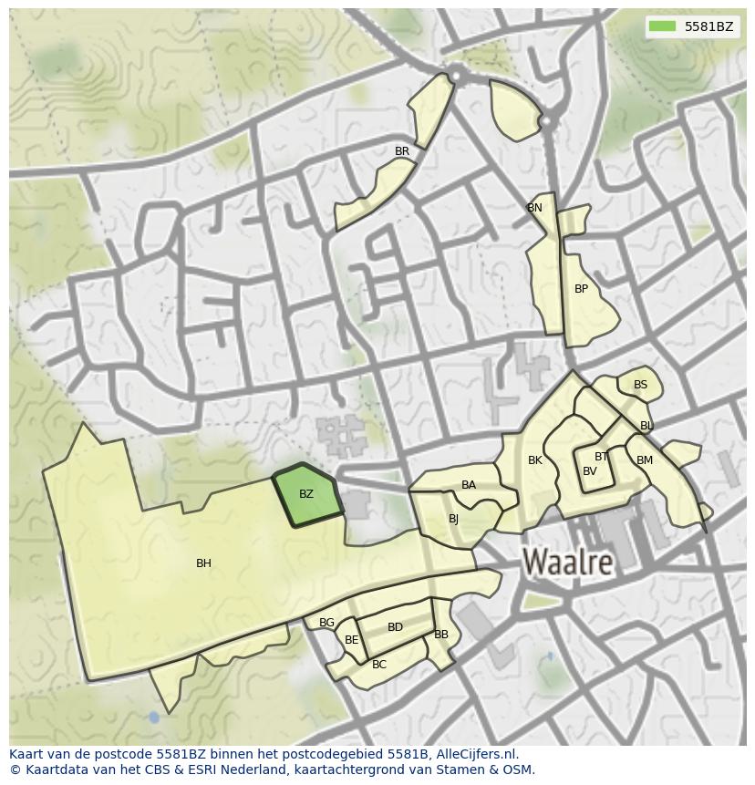 Afbeelding van het postcodegebied 5581 BZ op de kaart.