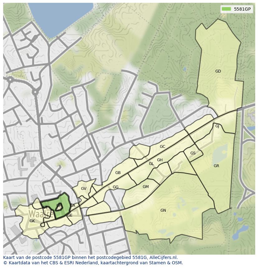 Afbeelding van het postcodegebied 5581 GP op de kaart.