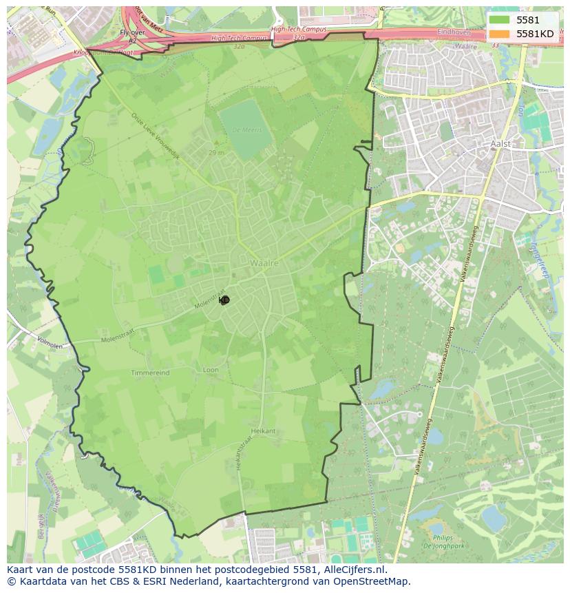 Afbeelding van het postcodegebied 5581 KD op de kaart.