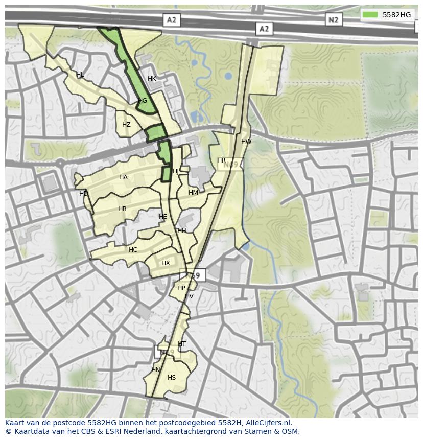 Afbeelding van het postcodegebied 5582 HG op de kaart.