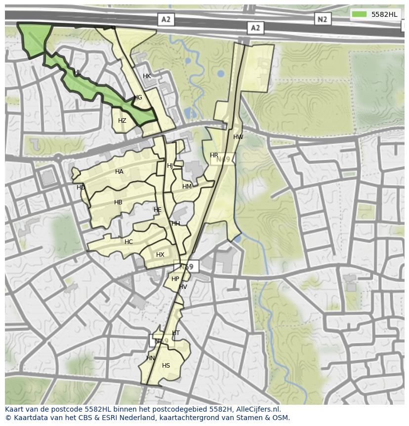 Afbeelding van het postcodegebied 5582 HL op de kaart.