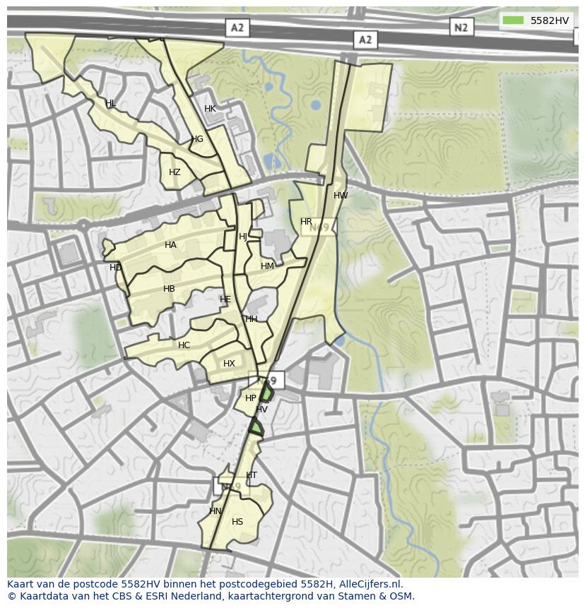 Afbeelding van het postcodegebied 5582 HV op de kaart.