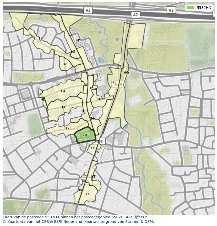 Afbeelding van het postcodegebied 5582 HX op de kaart.