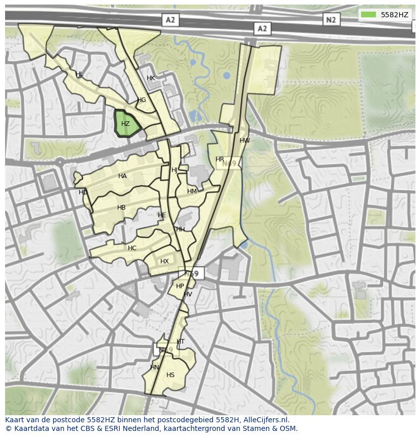 Afbeelding van het postcodegebied 5582 HZ op de kaart.