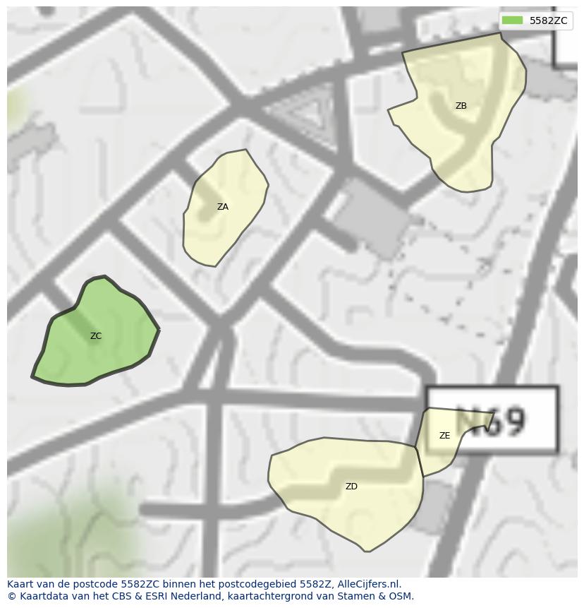 Afbeelding van het postcodegebied 5582 ZC op de kaart.