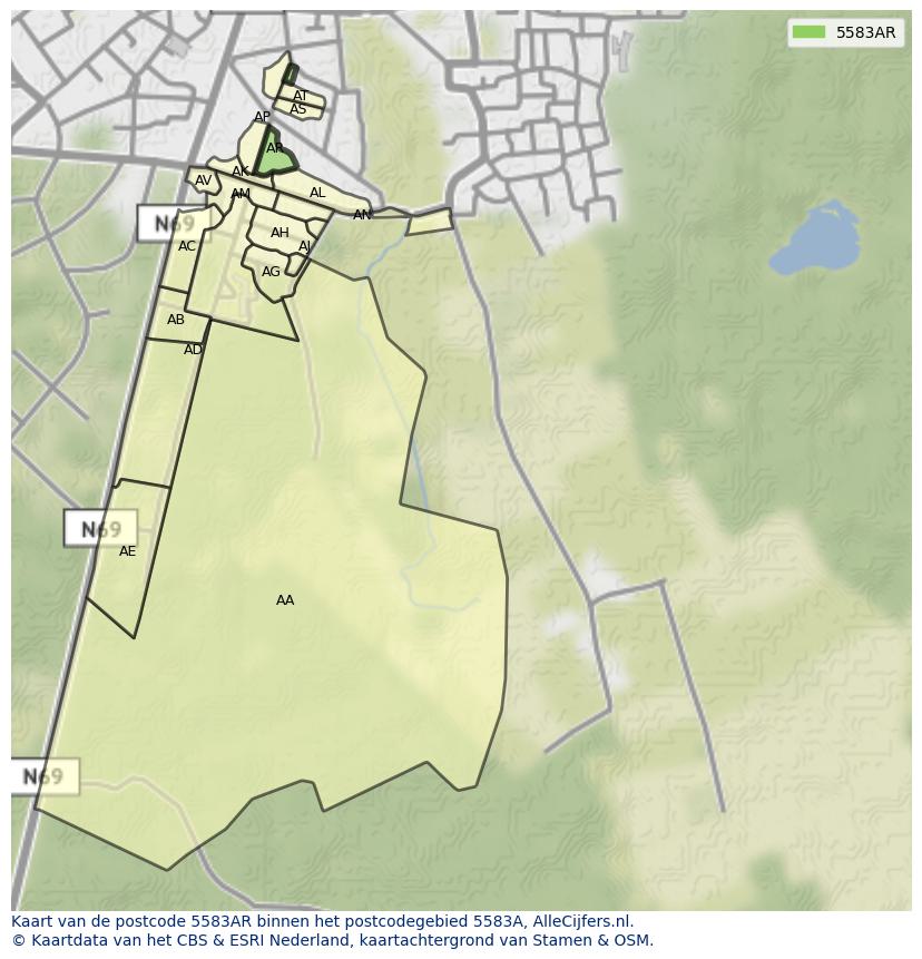 Afbeelding van het postcodegebied 5583 AR op de kaart.