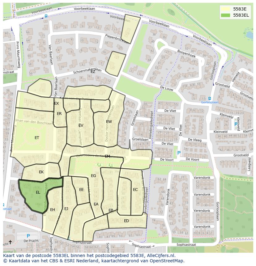 Afbeelding van het postcodegebied 5583 EL op de kaart.