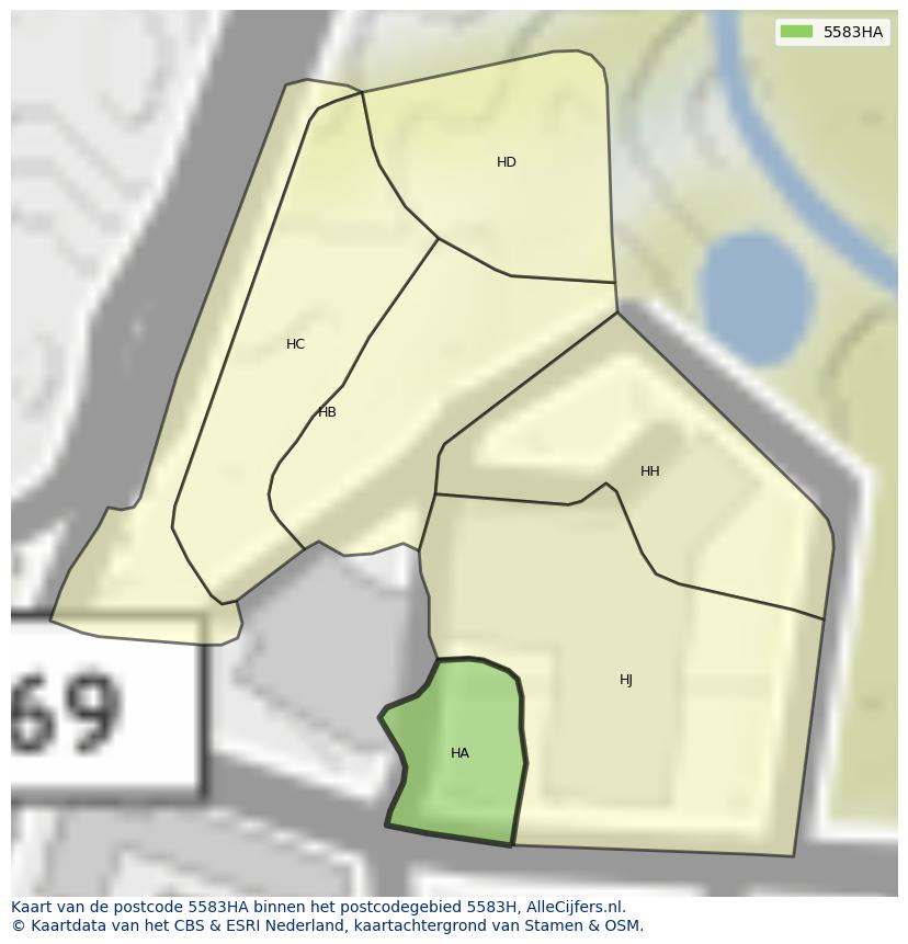 Afbeelding van het postcodegebied 5583 HA op de kaart.