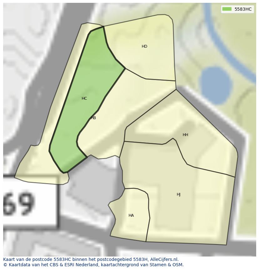 Afbeelding van het postcodegebied 5583 HC op de kaart.