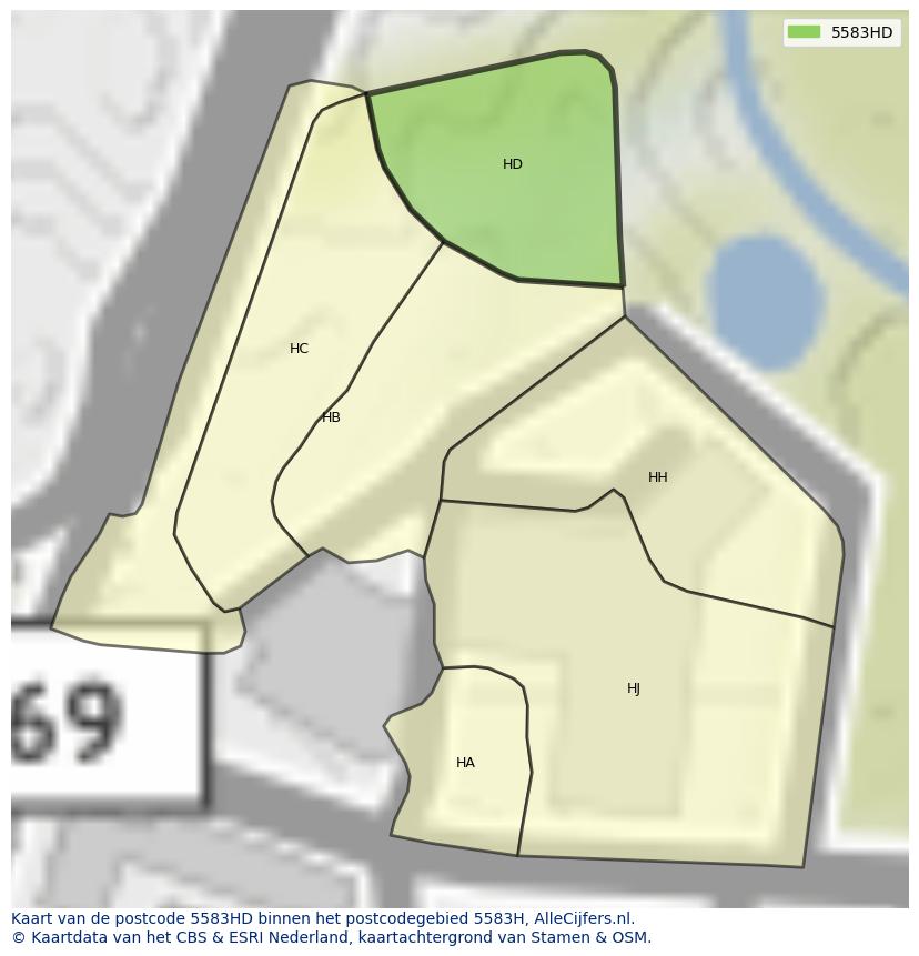 Afbeelding van het postcodegebied 5583 HD op de kaart.