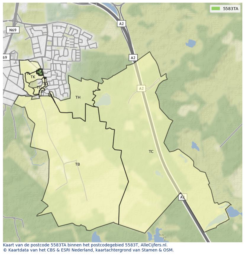 Afbeelding van het postcodegebied 5583 TA op de kaart.