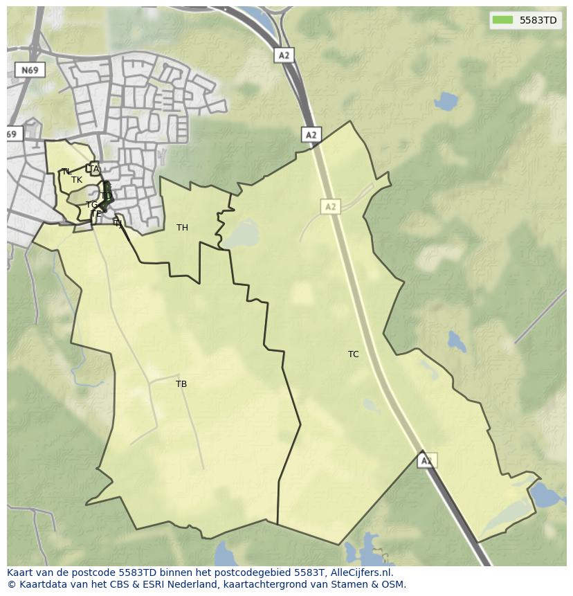 Afbeelding van het postcodegebied 5583 TD op de kaart.